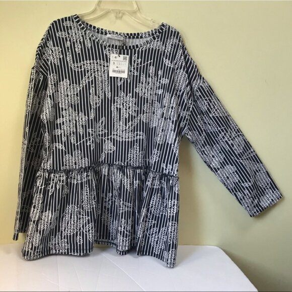 Zara NEW Cotton Striped Floral Peplum Relaxed Top Top Shirt Tunic Boho Ruffles S - Picture 2 of 16